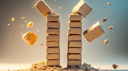 Poster - two stacks of bricks that have been knocked over, with one stack being taller than the other. the sc
