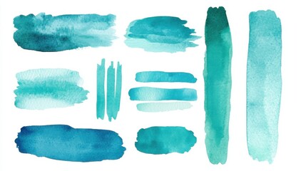Poster - A collection of hand-drawn watercolor stripes in various shades of turquoise displayed on a white background illustration