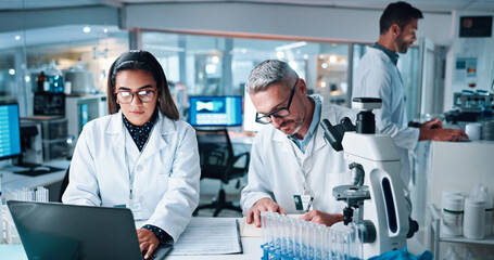 Aufkleber - Collaboration, laptop and science with people in laboratory together for breakthrough or development. DNA, microscope and writing with research team in clinical trial for discovery or medical report