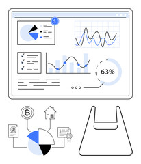 Poster - Dashboard displays analytical graphs, pie charts, and metrics alongside icons representing cryptocurrency, real estate, and shopping for commerce and finance. Ideal for business analysis, investment