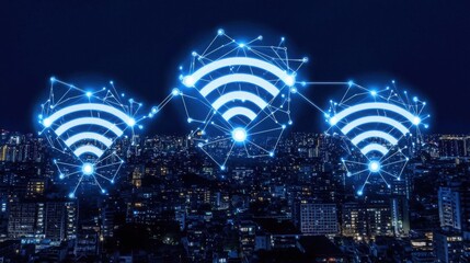 Poster - Cityscape at night with illuminated buildings and a complex network of wifi connections representing 5g technology