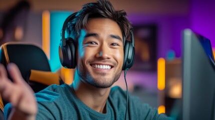 Poster - Man wearing headphones and smiling at the camera. He is wearing a grey shirt and sitting in front of a computer