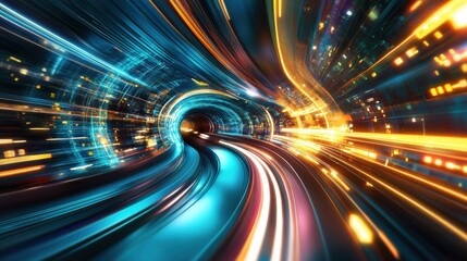 Poster - Quantum pipe at the center of a futuristic cityscape with light trails and neon lights creating a dynamic scene illustration