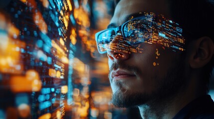 Fototapete - Man wearing glasses analyzing data and gaining insights with the help of ai-assisted business technologies