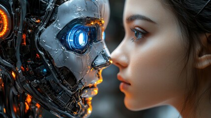 Fototapete - Woman engaging with a robot while exploring ai-assisted business insights for future innovations