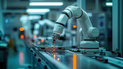 Poster - A futuristic robot working on a conveyor belt in an advanced environment representing ai-assisted process engineering