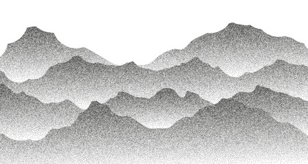 Poster - Grain stippled glacier or mountains landscape. Vector illustration black dotted particle terrain, stippling peak, icy rock or alpine silhouettes. Transparent background
