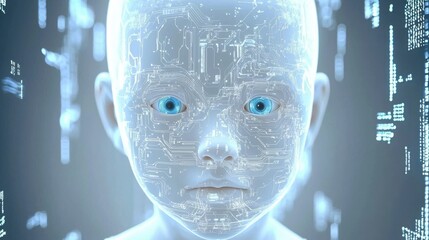 Poster - Child's face surrounded by a circuited background illustrating the intersection of youth and advanced technology concepts