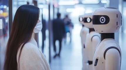 Poster - Woman wearing a face mask engaged in interaction with a robot displaying the integration of ai in daily life scenarios