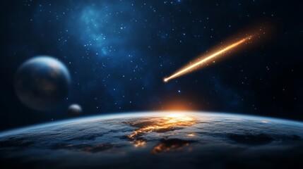 Wall Mural - planet with a comet in the sky. the comet is in the middle of the sky and is very bright