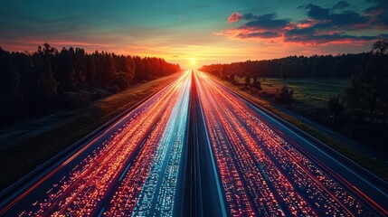 Poster - A breathtaking highway at sunset with a vivid sky highlighting the advent of ai-driven 6g technology advancements