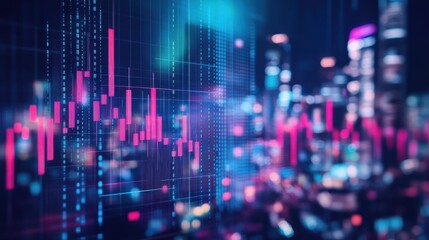 Poster - Abstract glowing big data forex candlestick chart on blurry city backdrop. Trade, technology, investment and analysis concept. Double exposure