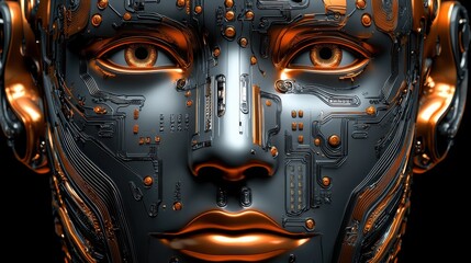 Poster - Close-up view of a futuristic robot face highlighting its advanced features and intricate design elements