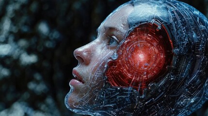 Poster - A woman with a futuristic face displaying expression and emotion, symbolizing innovation and modern technology