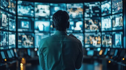 Fototapete - Professional man analyzing data on multiple television screens in a high-tech environment for cybersecurity analytics