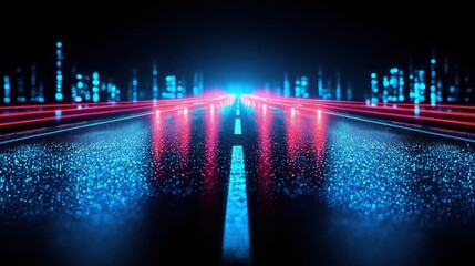 Poster - City street illuminated by red and blue lights signifying ai-enhanced infrastructure resilience and urban safety measures