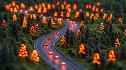 Aufkleber - A serene road surrounded by lush trees and soft lights creating a tranquil atmosphere for evening walks and reflection