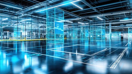 Poster - Futuristic office building illuminated with blue lights showcasing innovative ai-enhanced security protocols and design