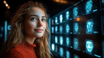 Poster - Young girl engaged with a wall of pictures illustrating the power of ai-powered connectivity solutions for learning and growth