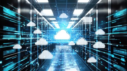 Poster - Modern server with cloud computing icon signifying advanced ai-powered solutions for efficient data processing and security