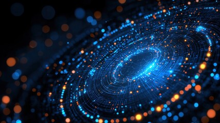 Poster - Spiral design with blue and orange light representing ai-powered cybersecurity compliance and digital safety innovations