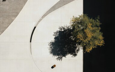 Poster - Aerial View Of A Small Tree Casting A Shadow On A White And Black Surface