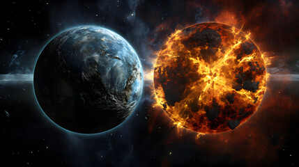 Poster - glowing planet and radiant star in the vast universe depicting hydrostatic equilibrium and balance o