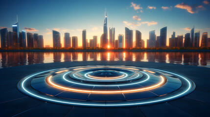 Poster - A stunning vision of a futuristic cityscape with satellite structures and dynamic urban architecture under a clear blue sky.
