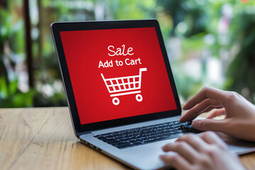 Poster -  person is typing on a laptop with a shopping cart on the screen. The shopping cart is red and white, and the words 