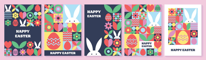 Wall Mural - easter bunny, egg and flower background. collection of geometric greeting cards with cartoon element
