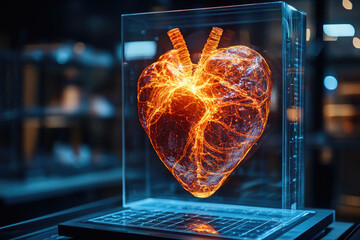 Poster - Futuristic holographic heart projection in an advanced research laboratory, symbolizing cardiology, digital medicine, biomedical innovation, and high-tech healthcare visualization.banner