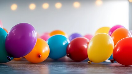 Poster - Bunch of colorful balloons are scattered on the floor. The balloons are of different colors, including purple, orange, and yellow. The scene gives off a festive and joyful mood