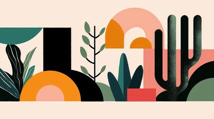 Poster - A colorful, abstract composition featuring geometric shapes and various plant elements, creating a vibrant and artistic design.