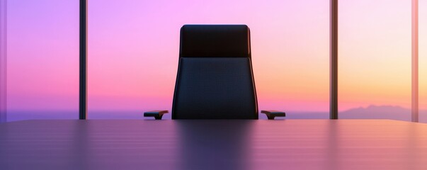 Poster - A sleek office chair faces a stunning sunset backdrop through large windows, creating a tranquil and inspiring workspace.