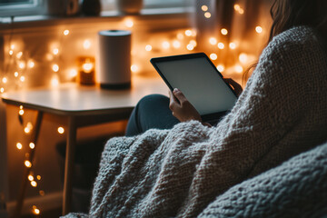 Poster - woman is sitting in a chair with a tablet in her hand. She is wearing a white sweater and is surrounded by lights. The scene conveys a cozy and comfortable atmosphere