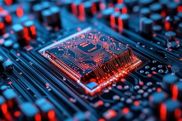 Poster - Intricate microchip surrounded by glowing circuitry showcasing advanced technology in a modern setting