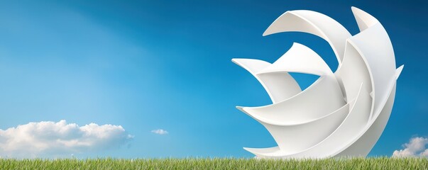 Poster - A futuristic white sculpture stands gracefully on green grass under a bright blue sky, creating a striking visual contrast.