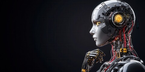 Aufkleber - A futuristic robot head with intricate circuitry, glowing features, and a contemplative expression against a dark background.