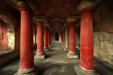 Poster - Red columns create a striking corridor in an ancient architectural site