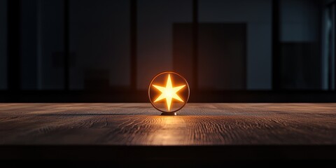 Poster - A glowing star-shaped lamp illuminates a dimly lit room, casting warm light on a wooden surface, creating a cozy ambiance.