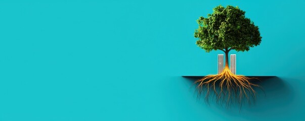 Poster - A stylized tree with vibrant roots, set against a bright turquoise background, symbolizes growth and connection.