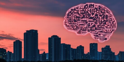 Fototapete - A silhouette of a city skyline against a sunset, with a digital brain overlay symbolizing technology and innovation.