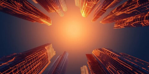 Fototapete - A stunning view of towering skyscrapers reaching towards a glowing sun, creating a dramatic urban skyline at dawn or dusk.