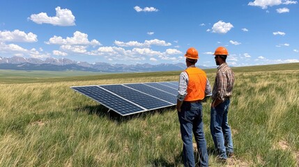 Poster - Two workers inspect solar panels in a grassy field under a clear blue sky, highlighting renewable energy and sustainable practices.