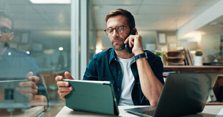 Poster - Businessman, tablet and networking with phone call in office, information and news for publication. Deadline, male journalist and communication with mobile for source, story facts or digital at night