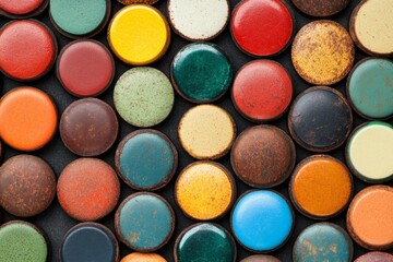 Poster - Colorful collection of vintage bottle caps arranged in an artistic pattern on a dark surface