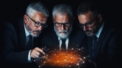 Fototapete - Three men in suits intensely observe a glowing, interconnected network, suggesting a theme of technology or data analysis.