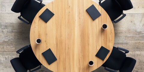 Poster - A round wooden table surrounded by black chairs, featuring notebooks and mugs, ideal for meetings or discussions.
