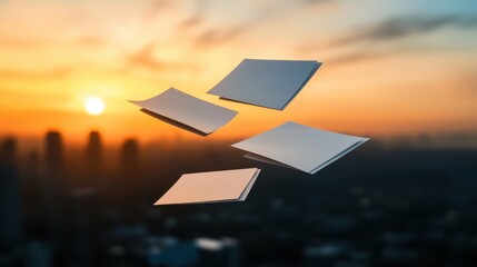 Aufkleber - Four blank sheets of paper float against a vibrant sunset backdrop, creating a surreal and dreamy atmosphere.