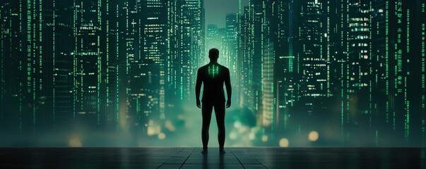 Poster - A silhouetted figure stands before a futuristic cityscape illuminated by green lights, evoking a sense of technology and mystery.